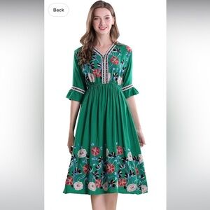 Shineflow Women's Short Sleeve Mexican Embroidered Floral Pleated Midi A-line Co
